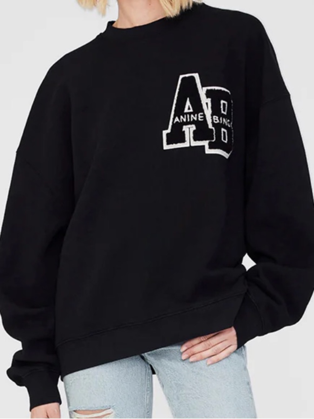 Anine Bing Miles Oversized Sweatshirt Letterman  Black Distressed Size Large